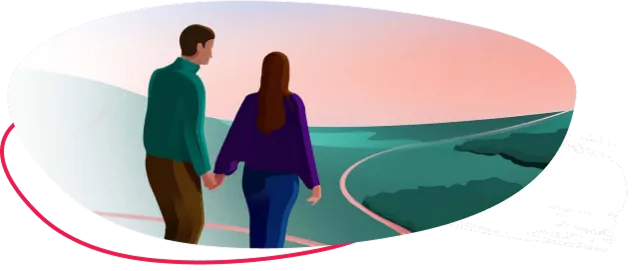 Graphic of two people holding hands looking at a sunset over a landscape