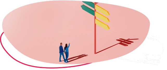 Graphic of two people looking at a sign post with arrows going in different directions